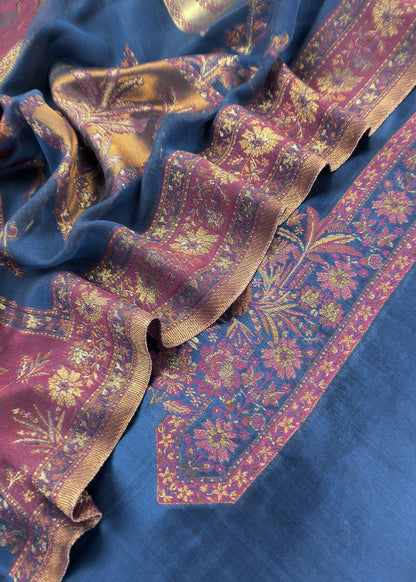 Blue Unstitched Satin Silk Suit With Kani Weaving