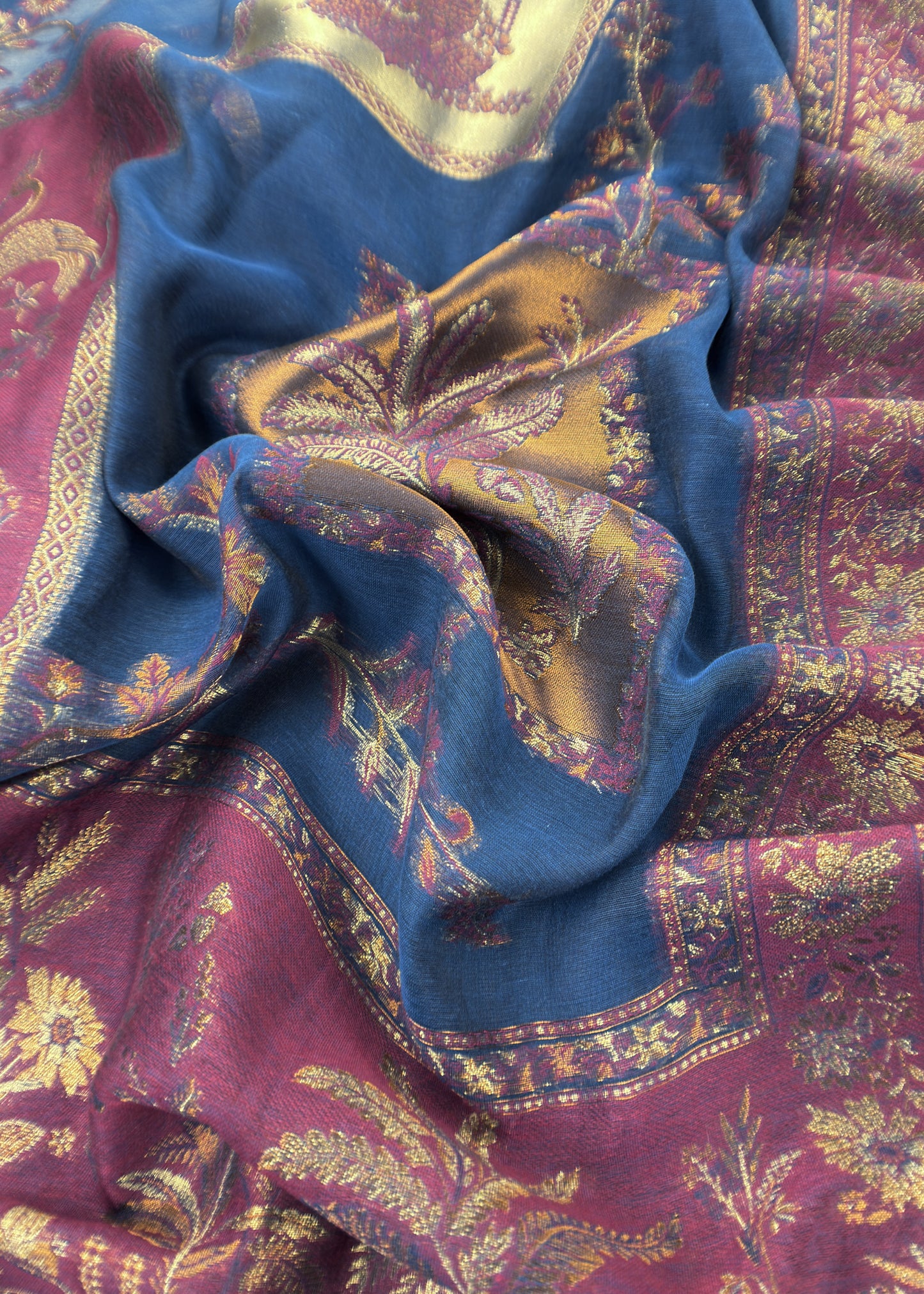 Blue Unstitched Satin Silk Suit With Kani Weaving