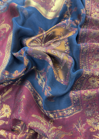 Blue Unstitched Satin Silk Suit With Kani Weaving