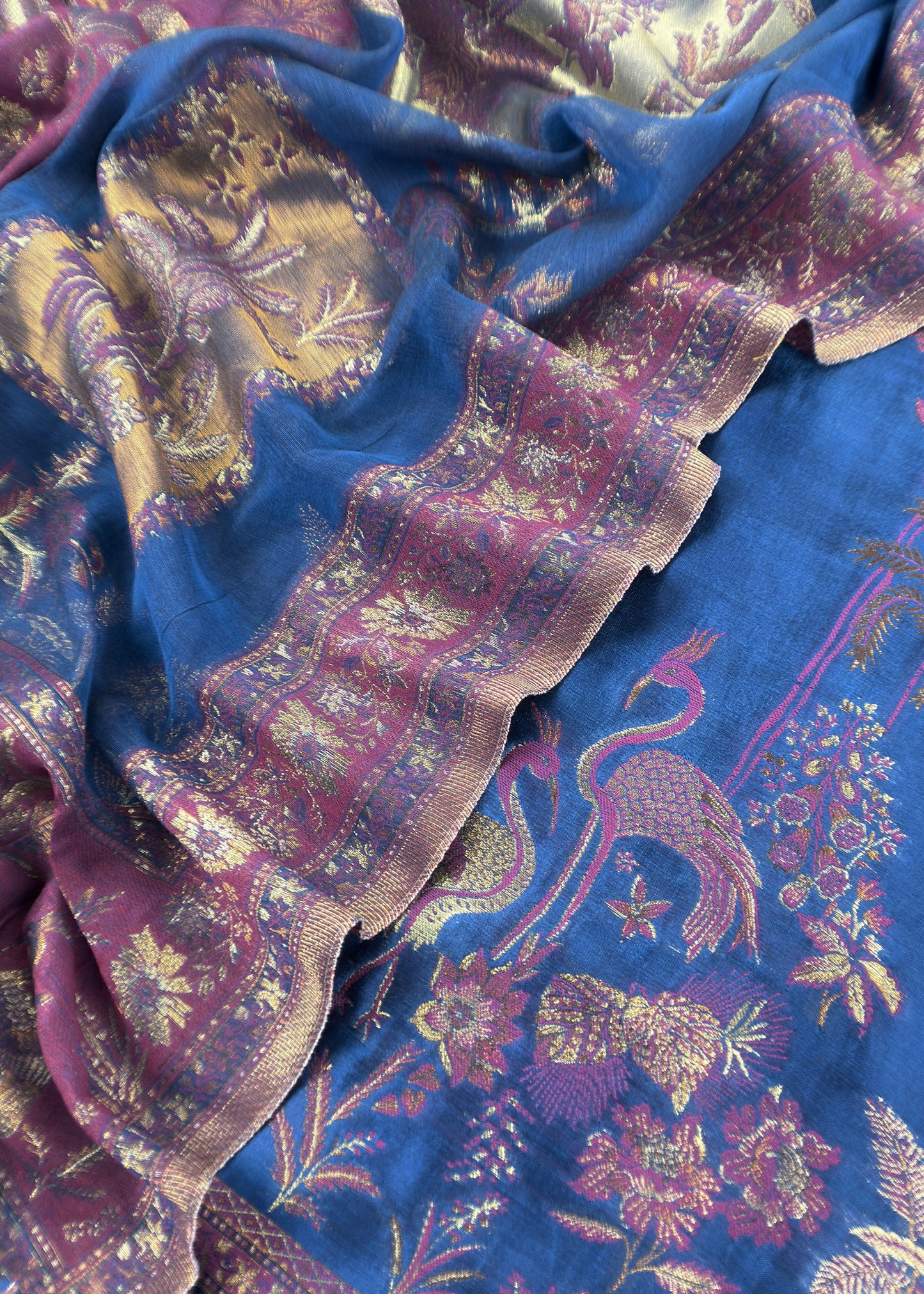 Blue Unstitched Satin Silk Suit With Kani Weaving