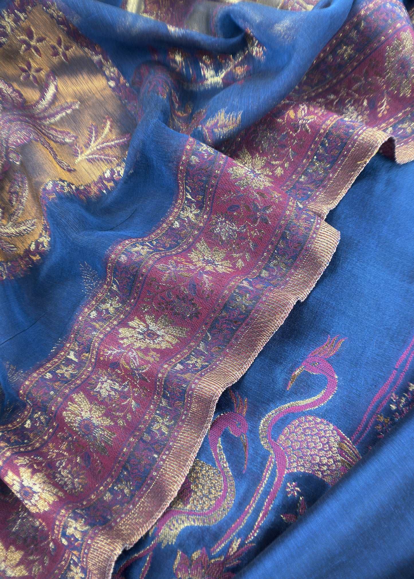Blue Unstitched Satin Silk Suit With Kani Weaving