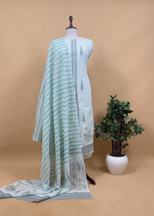 Sea Green Kota Unstitched Suit With Block Printing
