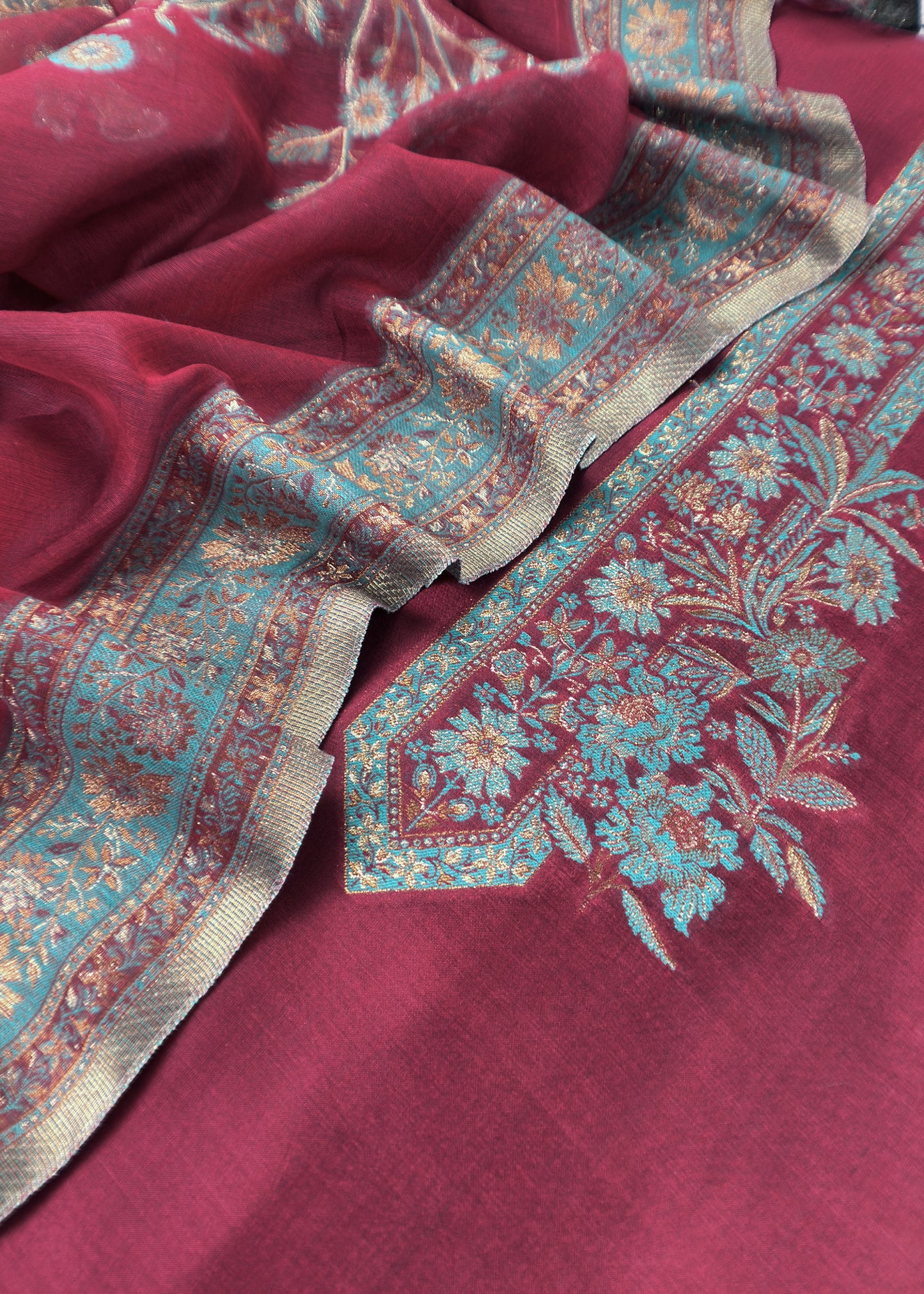 Maroon Unstitched Satin Silk Suit With Kani Weaving