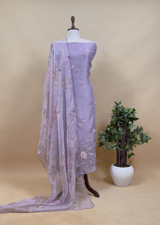 Petal and Poise Lavender Pure Organza Suit with Sequin and Appliqué Handwork