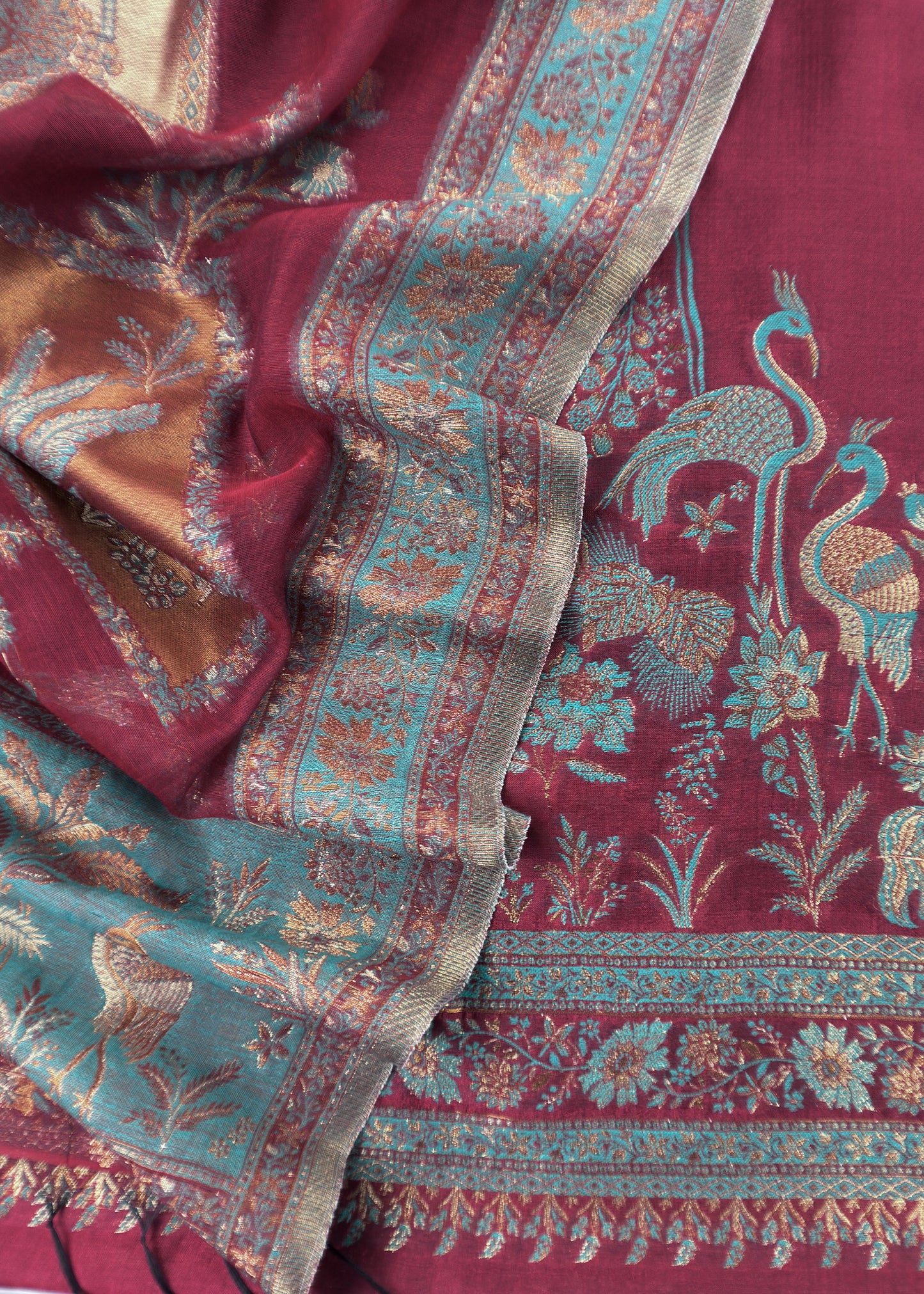 Maroon Unstitched Satin Silk Suit With Kani Weaving