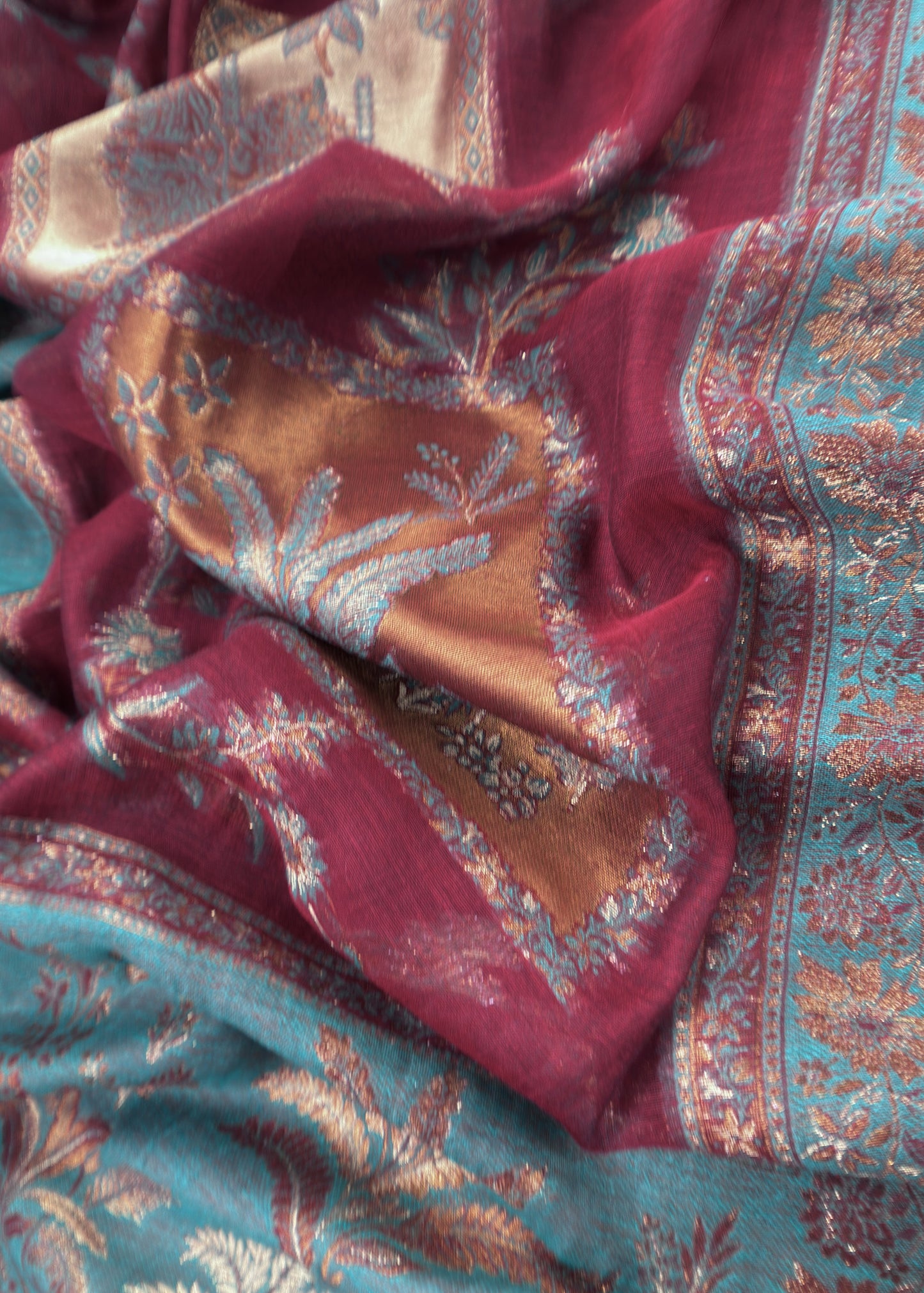 Maroon Unstitched Satin Silk Suit With Kani Weaving