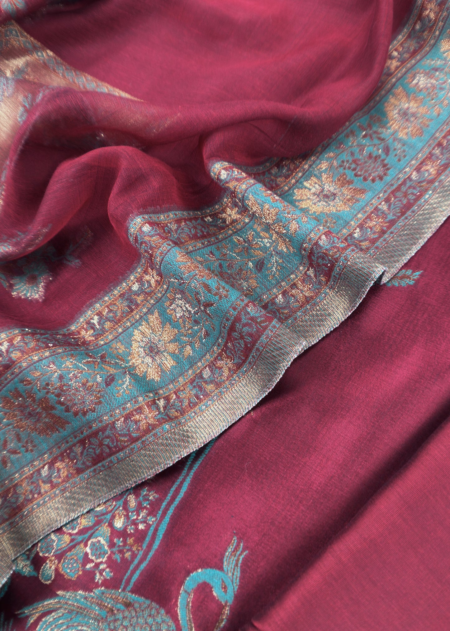 Maroon Unstitched Satin Silk Suit With Kani Weaving