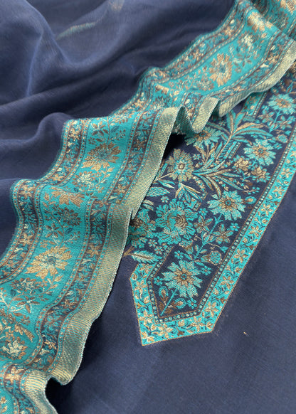 Navy Blue Unstitched Satin Silk Suit With Kani Weaving