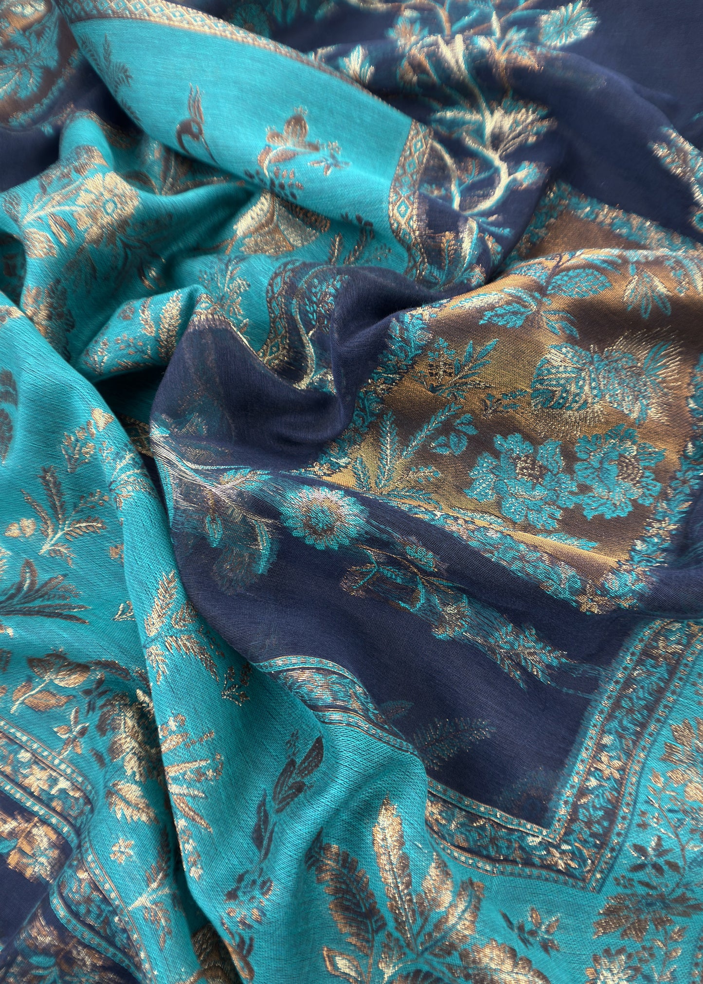 Navy Blue Unstitched Satin Silk Suit With Kani Weaving