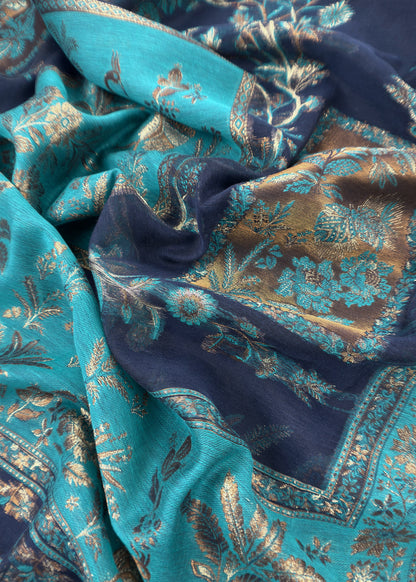 Navy Blue Unstitched Satin Silk Suit With Kani Weaving