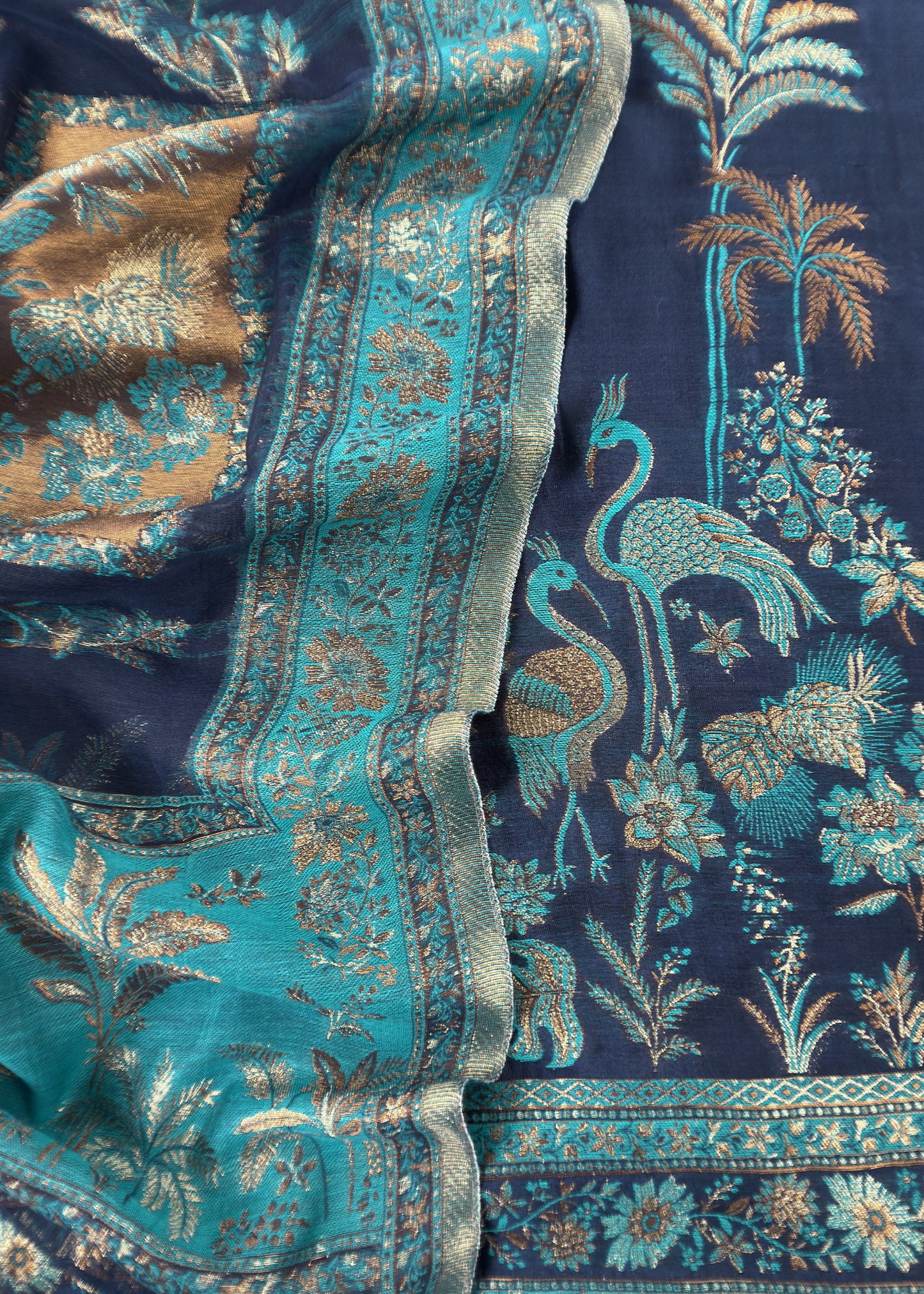 Navy Blue Unstitched Satin Silk Suit With Kani Weaving