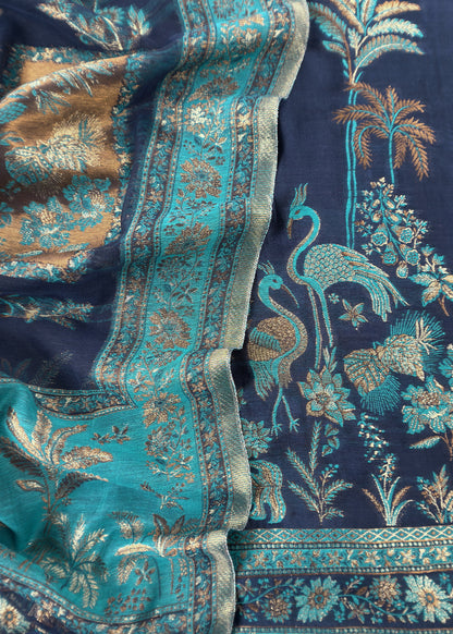 Navy Blue Unstitched Satin Silk Suit With Kani Weaving