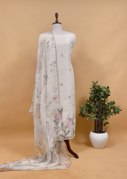 Petal And Poise Dove White Pure Organza Suit With Sequin And Appliqué Handwork