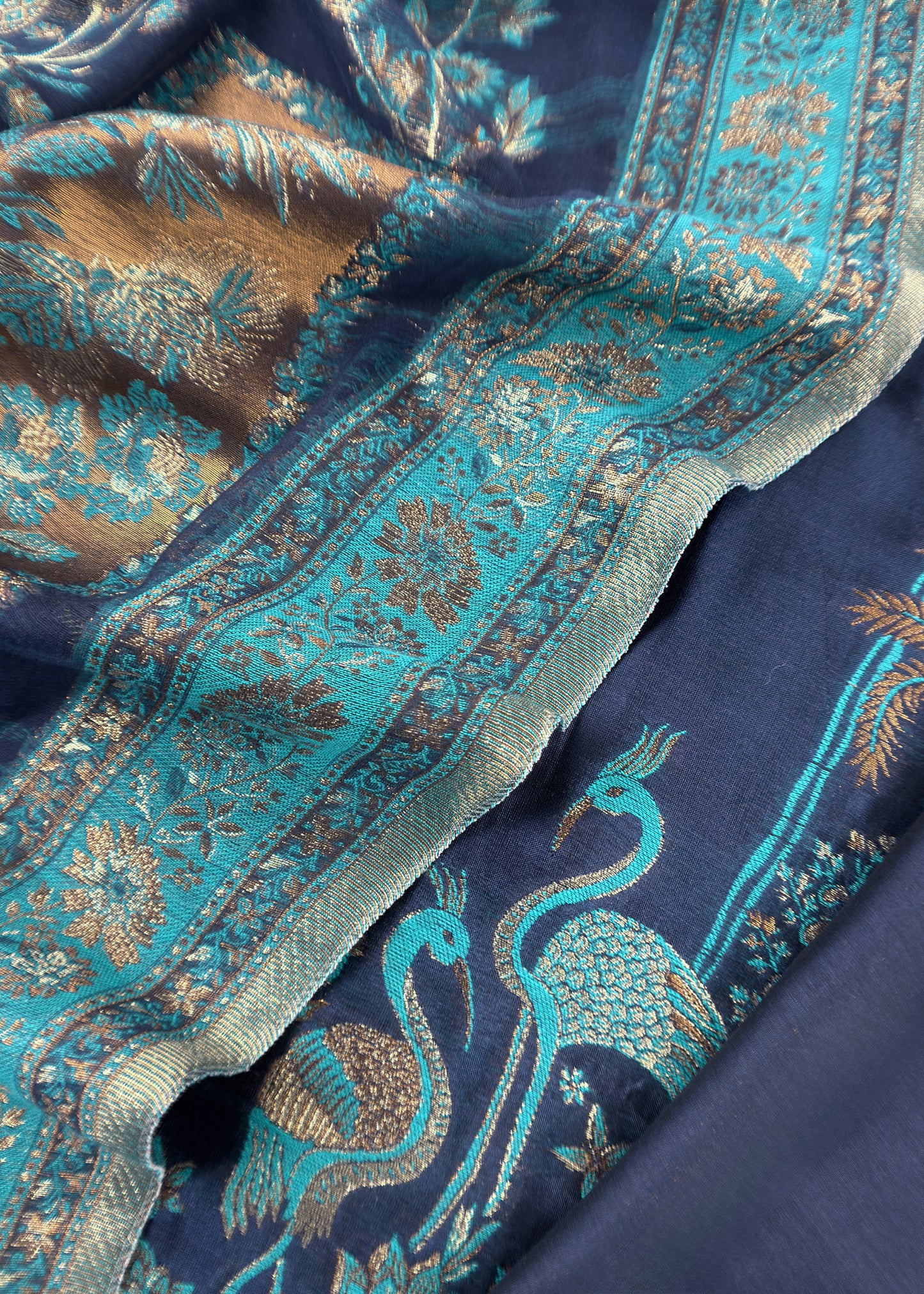 Navy Blue Unstitched Satin Silk Suit With Kani Weaving