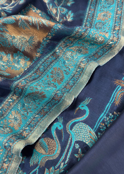 Navy Blue Unstitched Satin Silk Suit With Kani Weaving