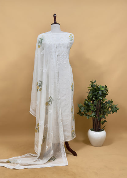 White With Yellow Pure Mul Handblock Print Suit With Chikan Embroidery