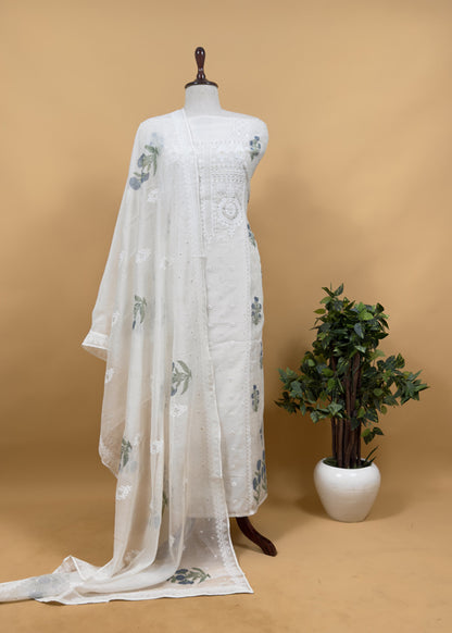 White With Yellow Pure Mul Handblock Print Suit With Chikan Embroidery