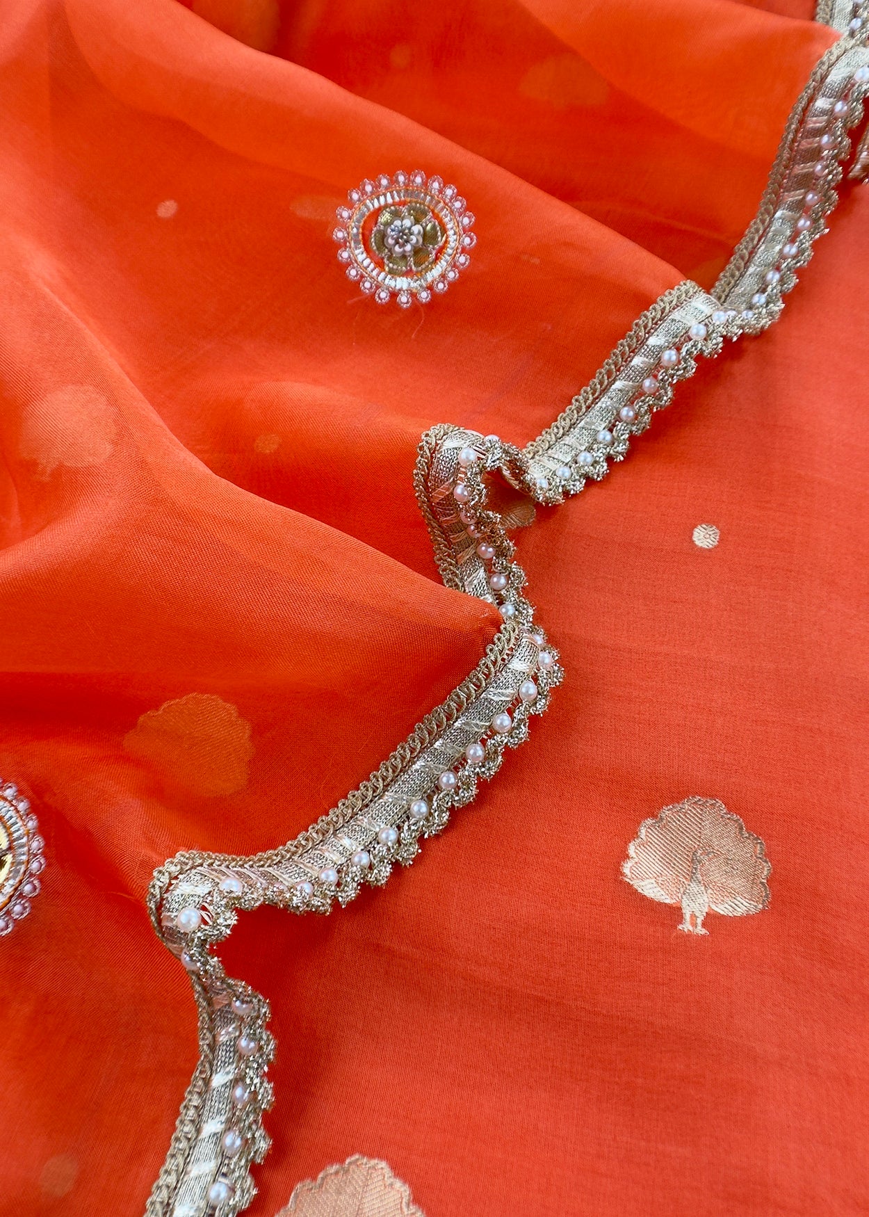 Luxe Tangerine Handloom Silk Kurta and Kora silk dupatta with Handwork