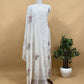 White With Pink Pure Mul Handblock Print Suit With Chikan Embroidery