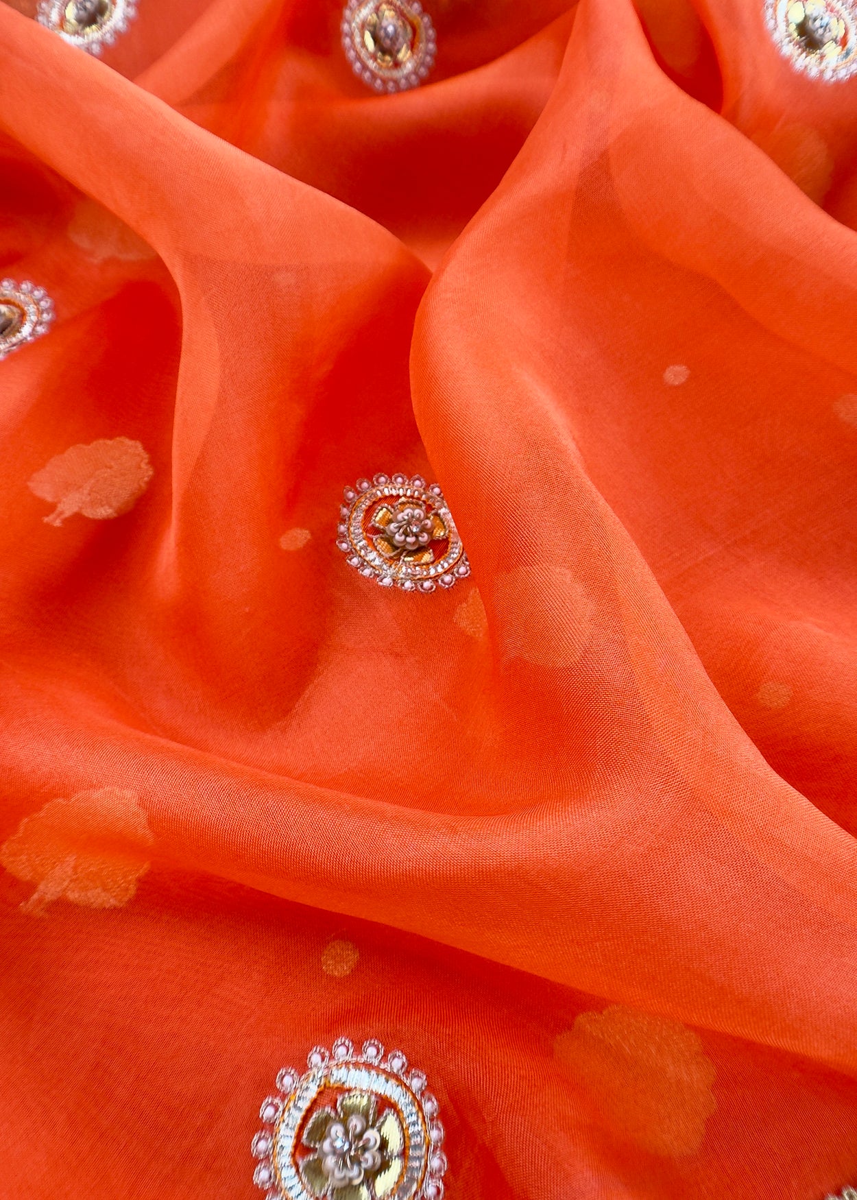 Luxe Tangerine Handloom Silk Kurta and Kora silk dupatta with Handwork