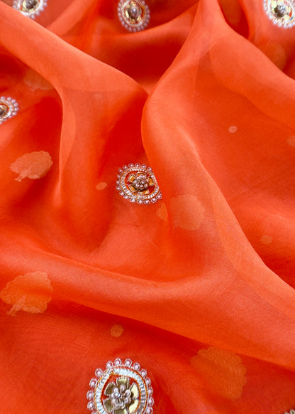 Luxe Tangerine Handloom Silk Kurta and Kora silk dupatta with Handwork