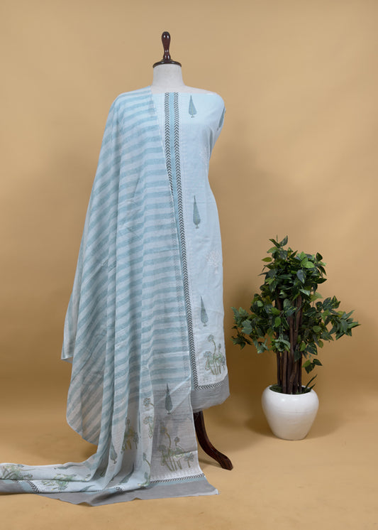Powder Blue Kota unstitched Suit With Block Printing