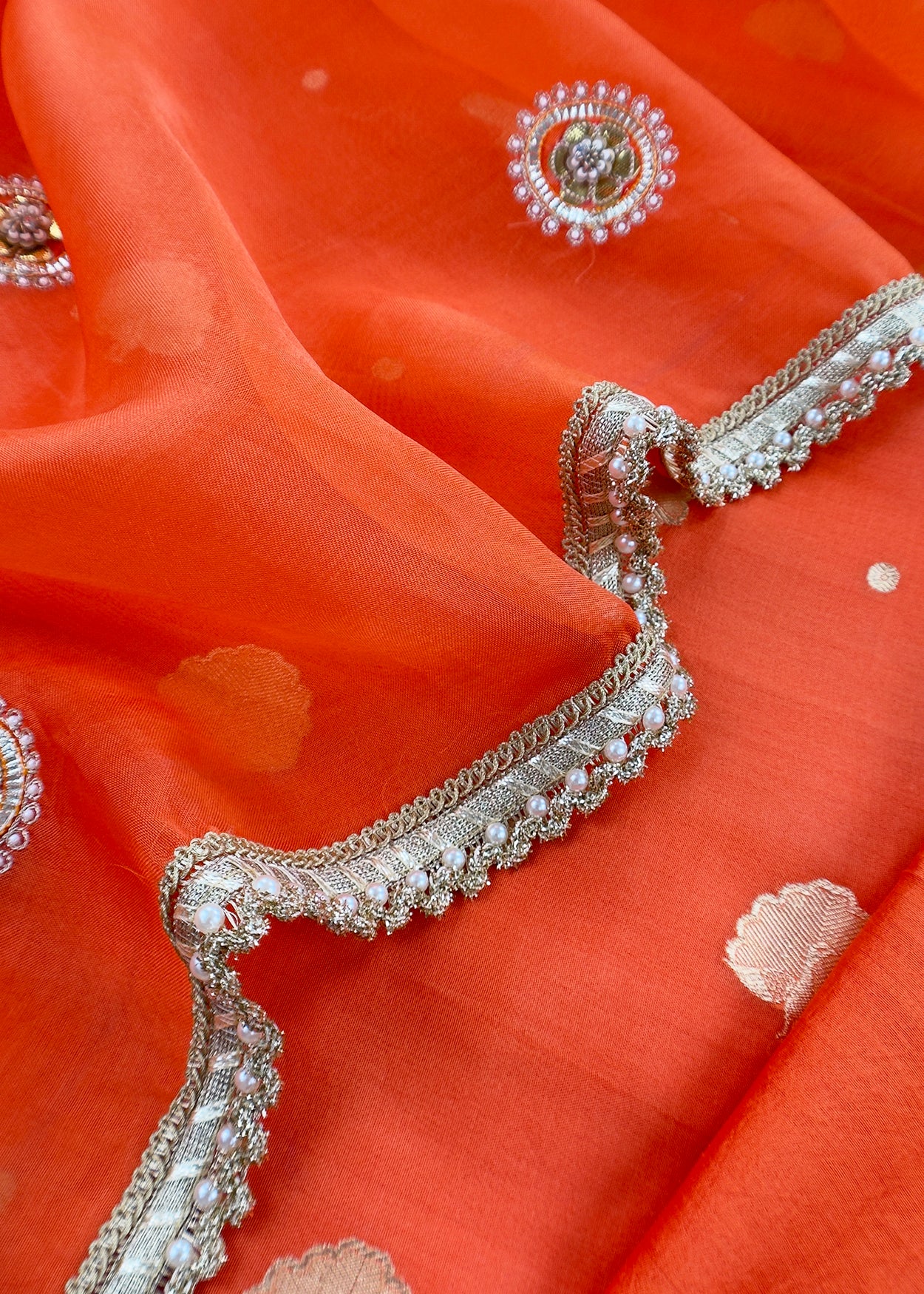 Luxe Tangerine Handloom Silk Kurta and Kora silk dupatta with Handwork