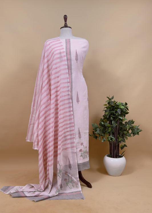 Pink Kota unstitched Suit With Block Printing