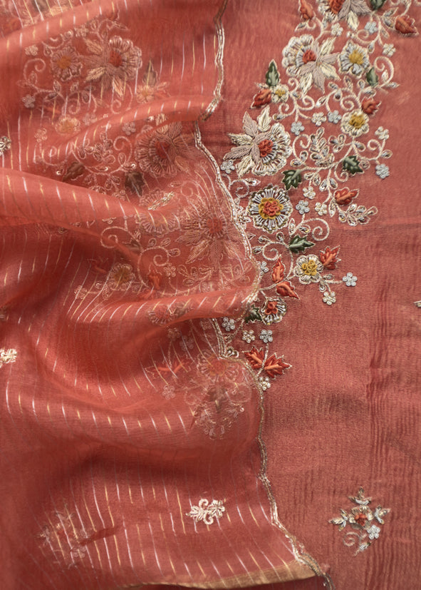 Kalasheel Luxe Orange Pure Crushed Tissue Kurta And Organza Dupatta With Zardosi And Dabka Handwork