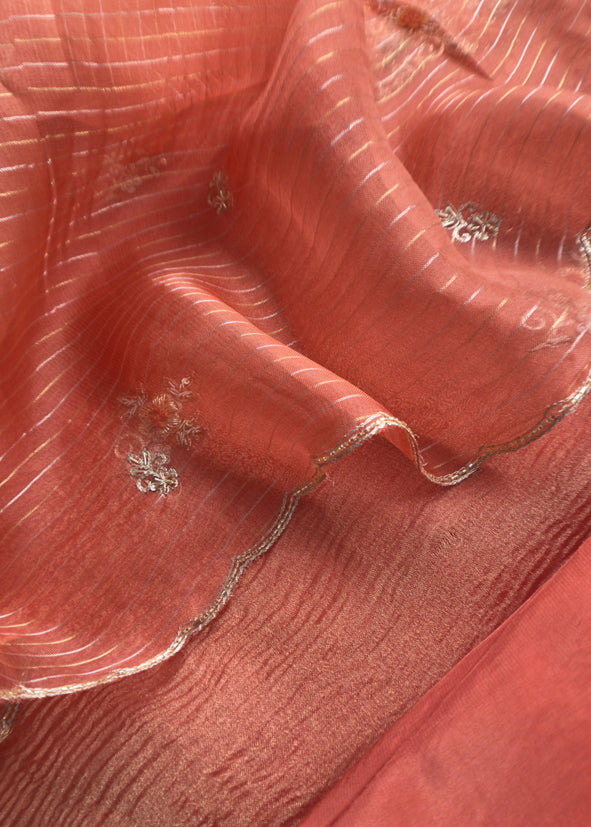 Kalasheel Luxe Orange Pure Crushed Tissue Kurta And Organza Dupatta With Zardosi And Dabka Handwork