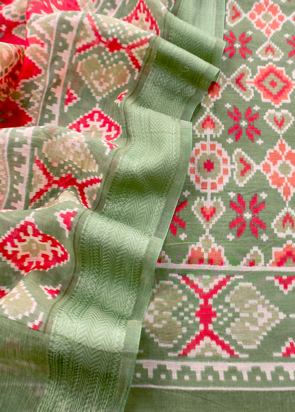 Green With Red Handloom Patola Unstitched Suit In Mulmul