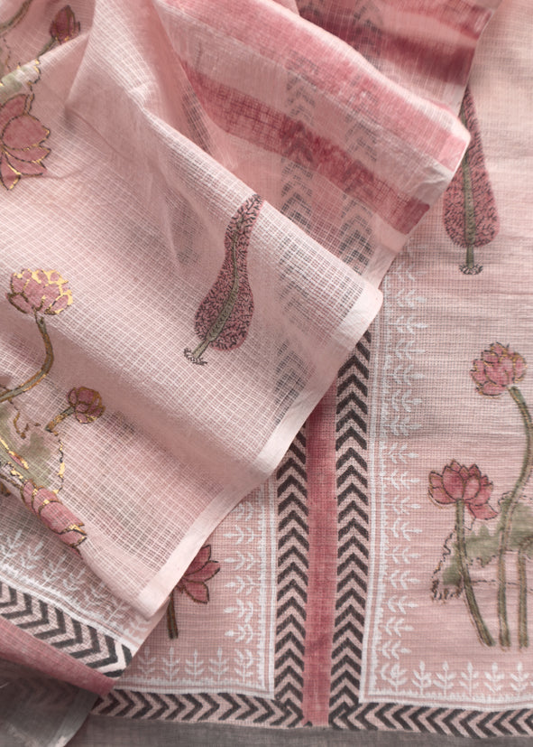 Pink Kota unstitched Suit With Block Printing