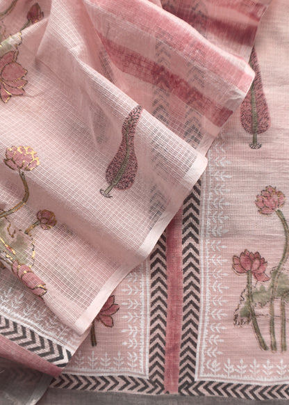 Pink Kota unstitched Suit With Block Printing