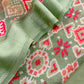 Green With Red Handloom Patola Unstitched Suit In Mulmul