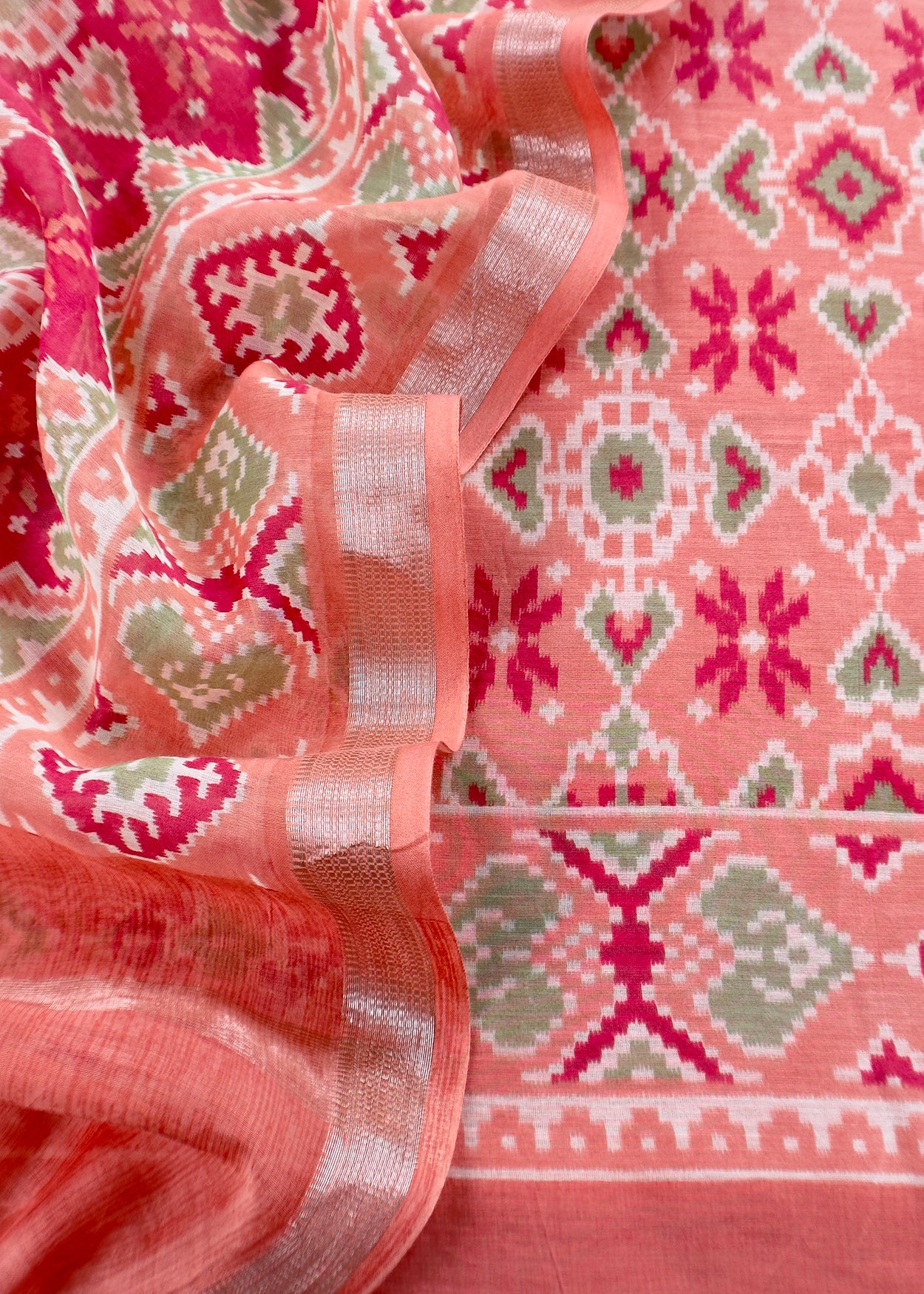 Orange With Red Handloom Patola Unstitched Suit In Mulmul