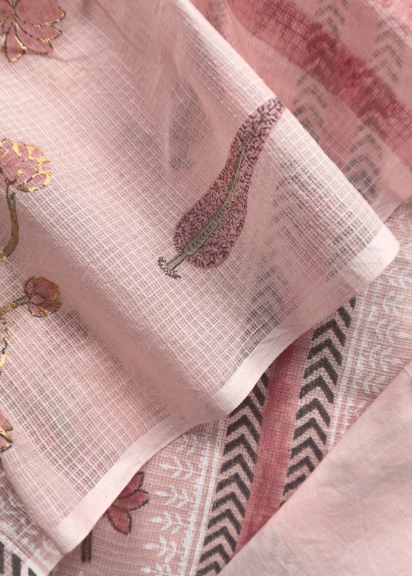 Pink Kota unstitched Suit With Block Printing