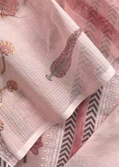 Pink Kota unstitched Suit With Block Printing