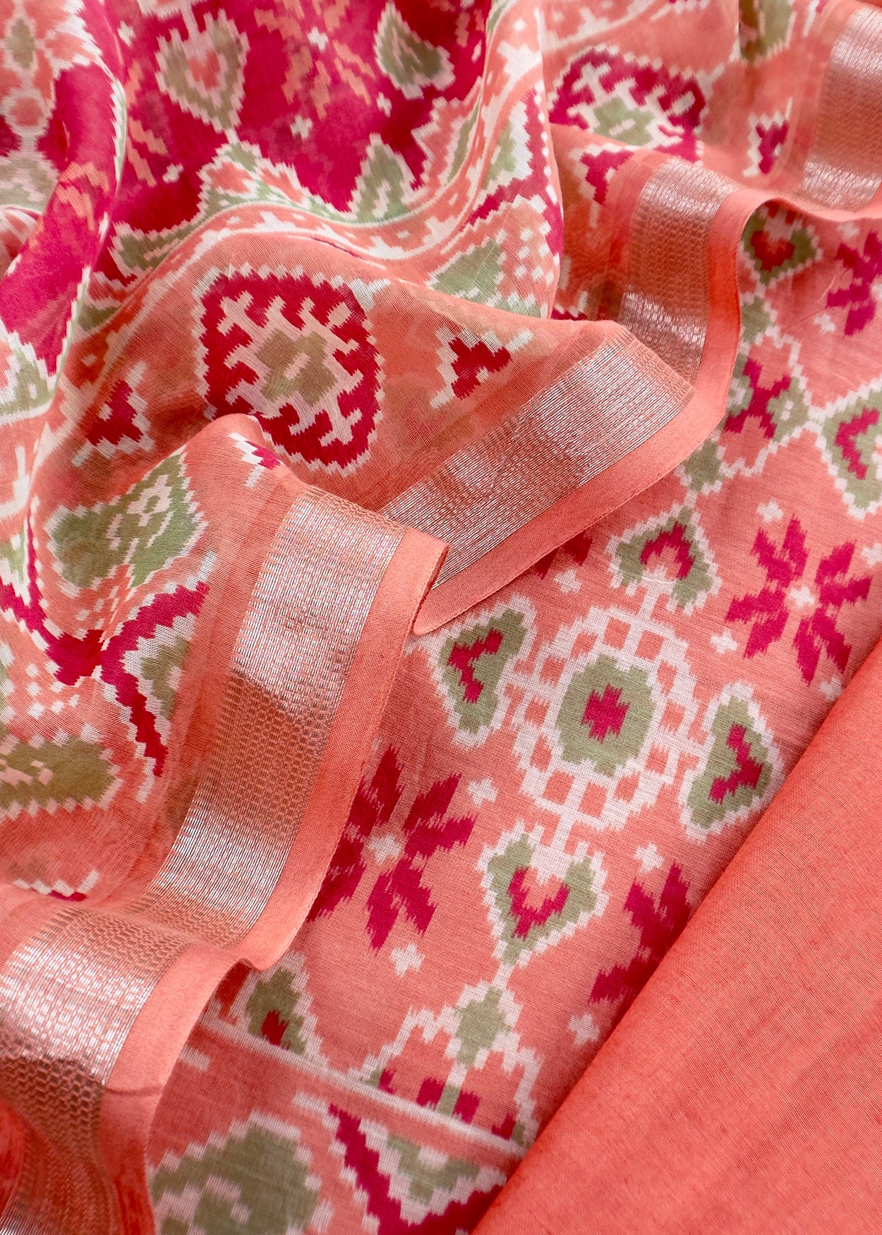 Orange With Red Handloom Patola Unstitched Suit In Mulmul