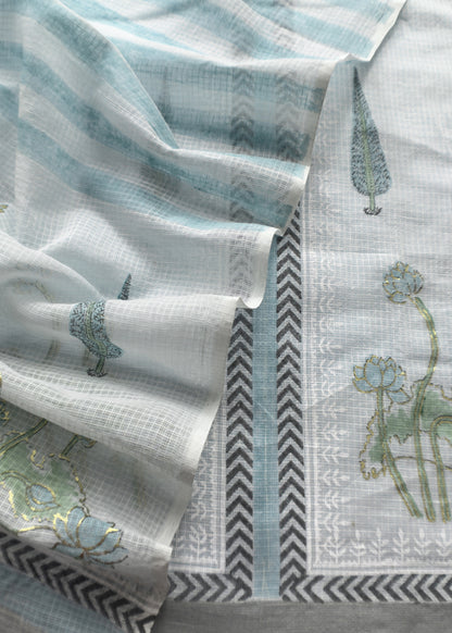 Powder Blue Kota unstitched Suit With Block Printing