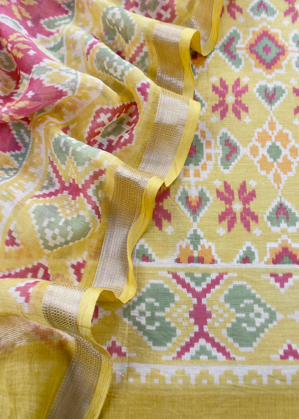 Yellow With Red Handloom Patola Unstitched Suit In Mulmul