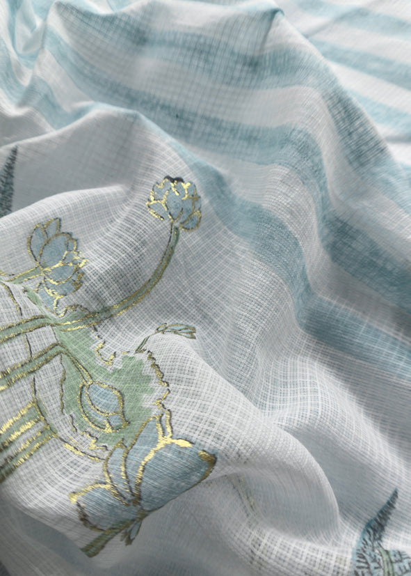 Powder Blue Kota unstitched Suit With Block Printing