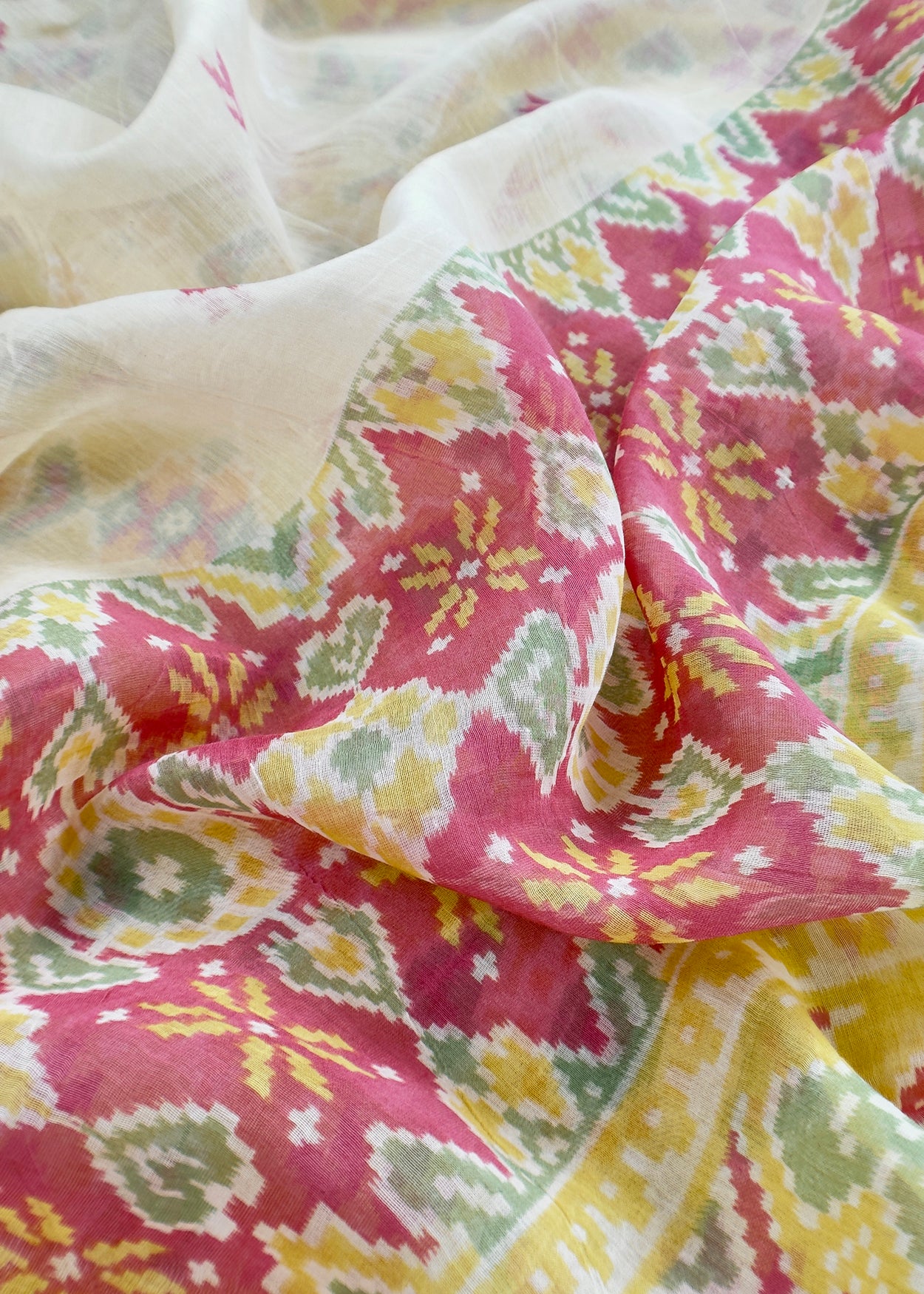Yellow With Red Handloom Patola Unstitched Suit In Mulmul