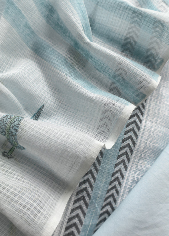 Powder Blue Kota unstitched Suit With Block Printing
