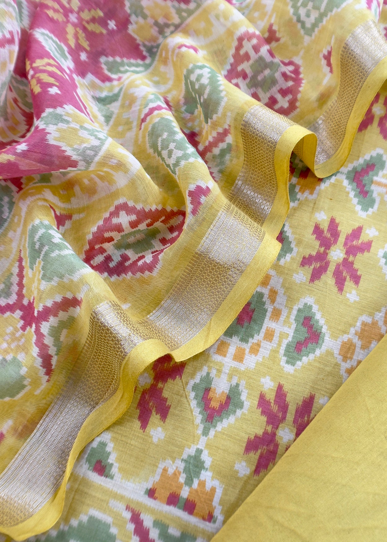 Yellow With Red Handloom Patola Unstitched Suit In Mulmul