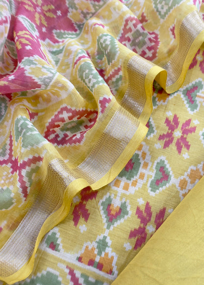 Yellow With Red Handloom Patola Unstitched Suit In Mulmul