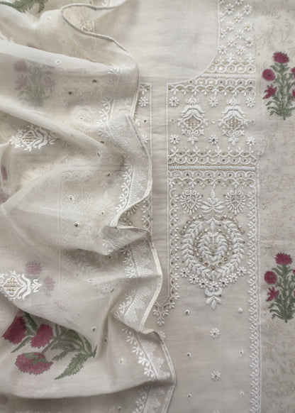 White With Pink Pure Mul Handblock Print Suit With Chikan Embroidery
