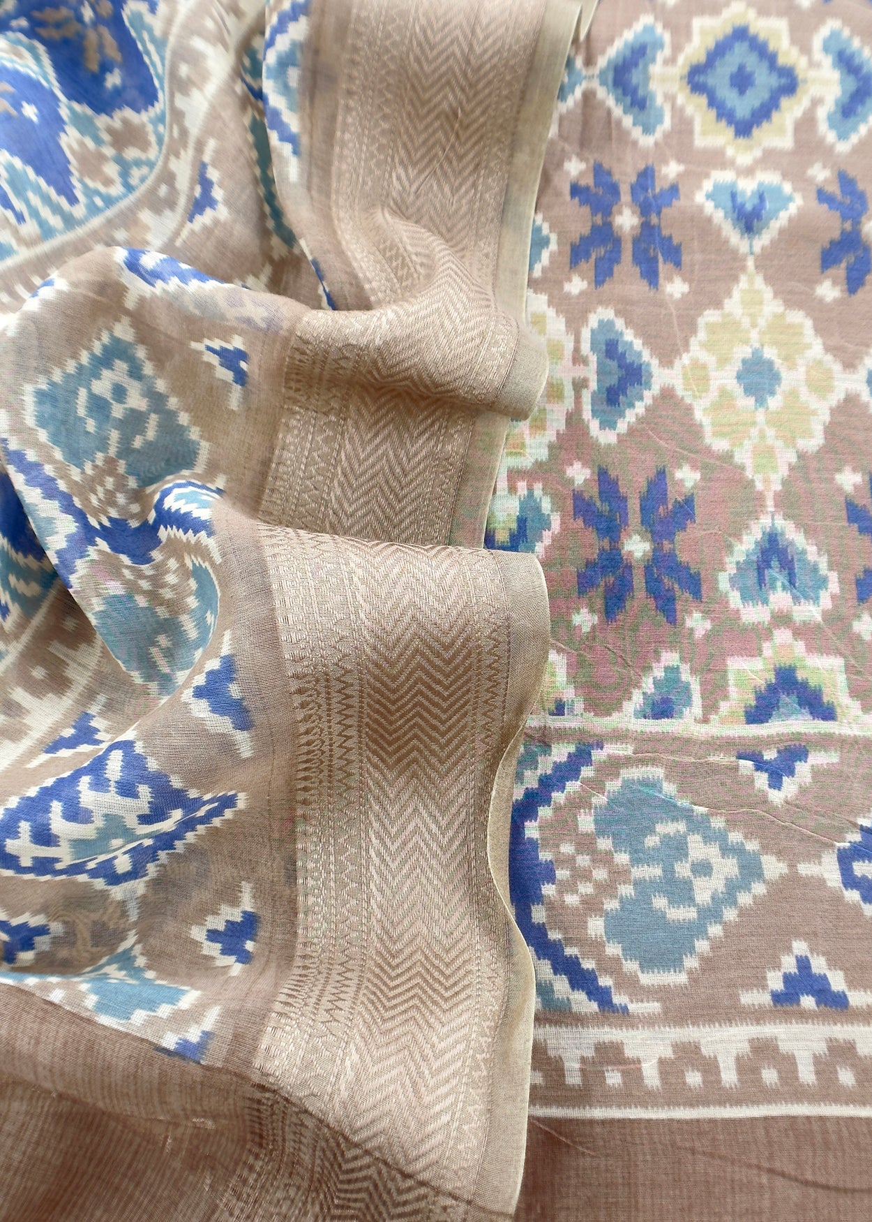 Soft Brown With Blue Handloom Patola Unstitched Suit In Mulmul