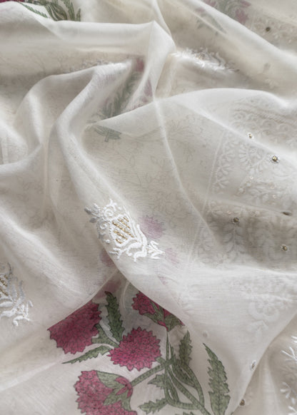 White With Pink Pure Mul Handblock Print Suit With Chikan Embroidery