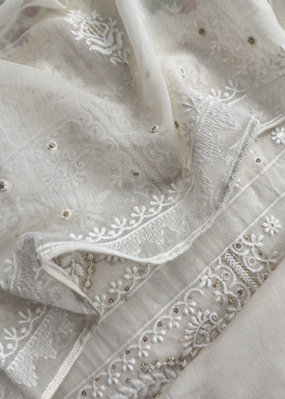 White With Pink Pure Mul Handblock Print Suit With Chikan Embroidery