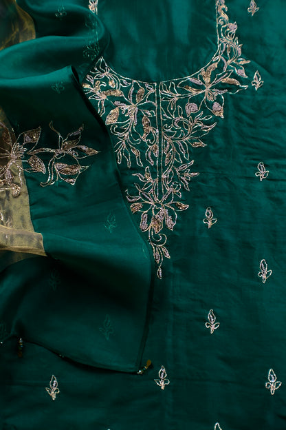 Bottle Green Handloom Kora Silk Suit With Pitta Embroidery